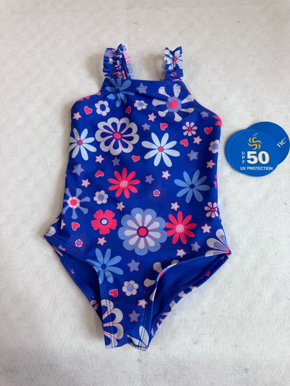 Kids Blue Floral One-Piece Swimsuit with Ruffle Straps - Picture 3 of 9